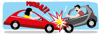 Ilustración: dos coches en una colisión forntal en ciudad