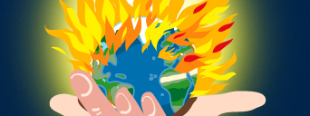 Ilustración: una mano sostiene una bola del mundo ardiendo