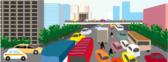 Ilustración con muchos coches atascados