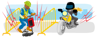 Ilustración: un martillo neumático abre una zanja mientras pasa una moto cerca